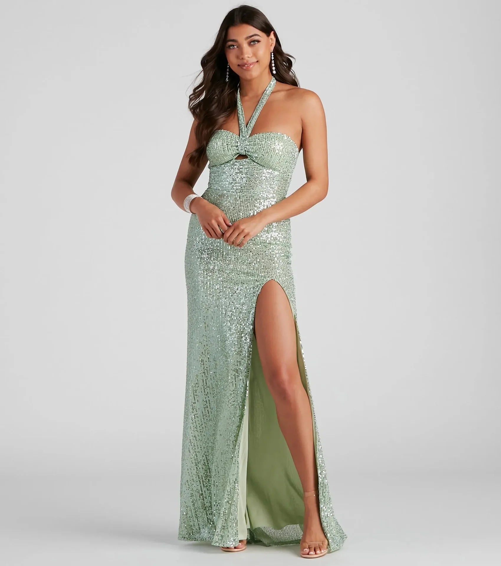 Women's Sequin Prom Gown Halter Cut-Out - EveningStar Green