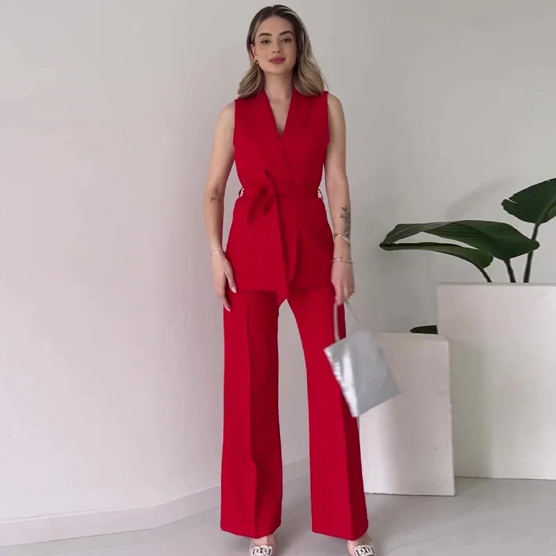 Women's Sleeveless Blazer Suit Set - Tailored Chic, Belted - PowerSuit Red