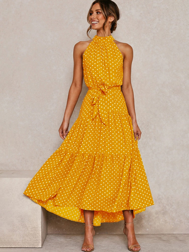 Women's Polka Dot Midi Dress - Flattering Fit, Flowy Halter - DotBloom Yellow