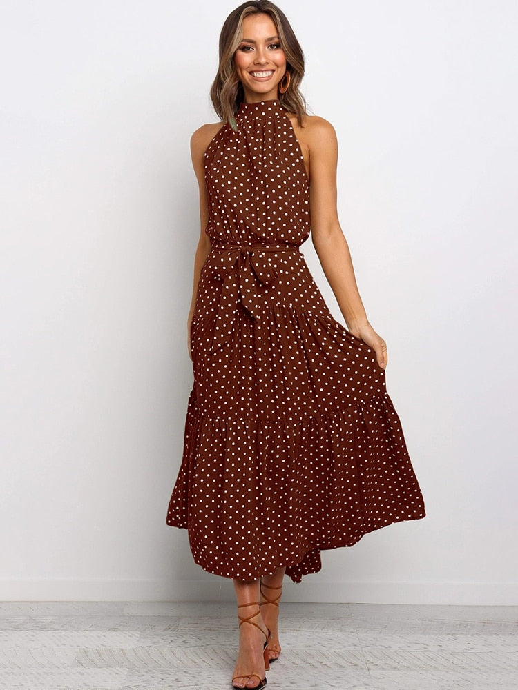 Women's Polka Dot Midi Dress - Flattering Fit, Flowy Halter - DotBloom Brown