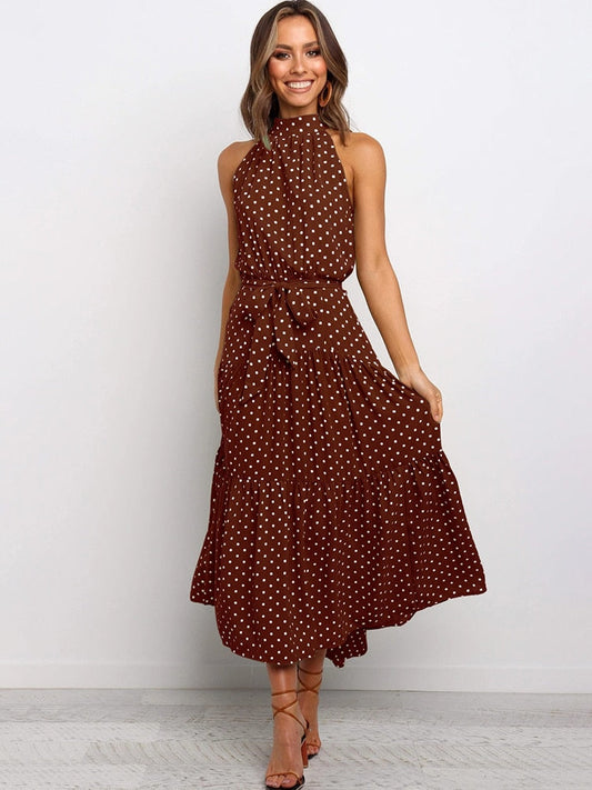 Women's Polka Dot Midi Dress - Flattering Fit, Flowy Halter - DotBloom Brown
