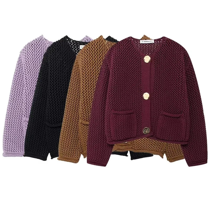 Women's Mesh Knit Cardigan with Pockets - GoldenEase