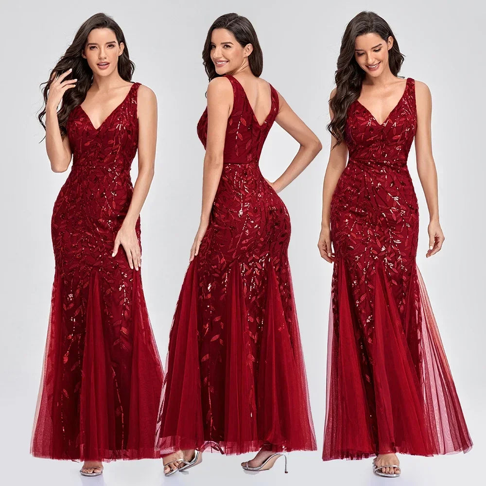 Women's Sequin V-Neck Maxi Dress - Couture Evening Gown - StarGlow Burgundy