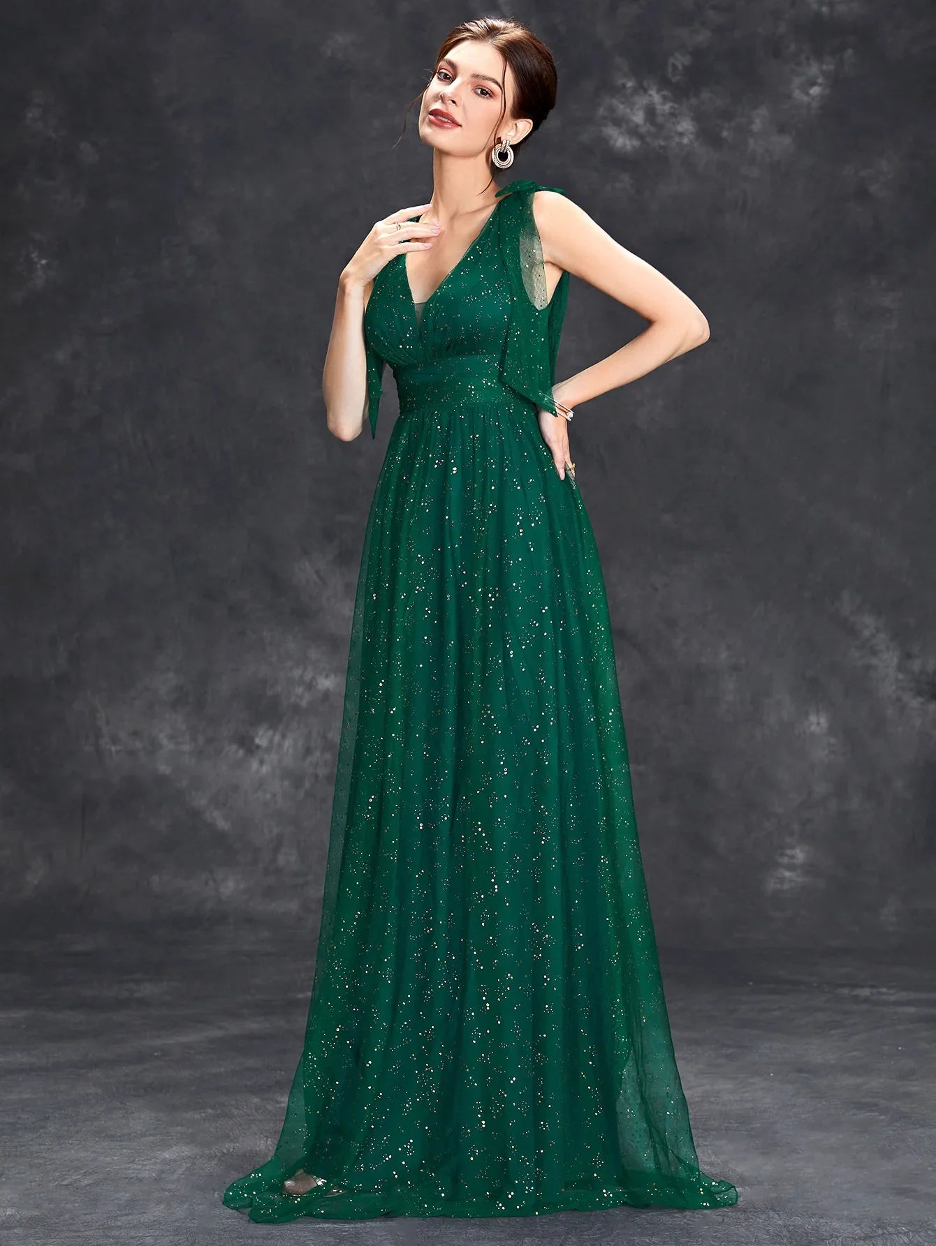 Women's Glitter Maxi Dress - Sleeveless V-Neck Evening Gown - Starlight Green