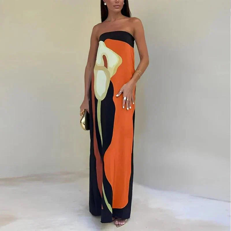 Women's Strapless Maxi Dress Lightweight Abstract Print - SummerMuse Orange