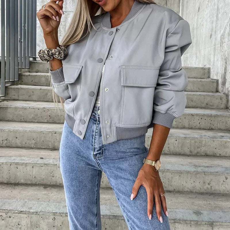 Women's Cropped Bomber Jacket Relaxed Fit - UrbanEdge Light Grey
