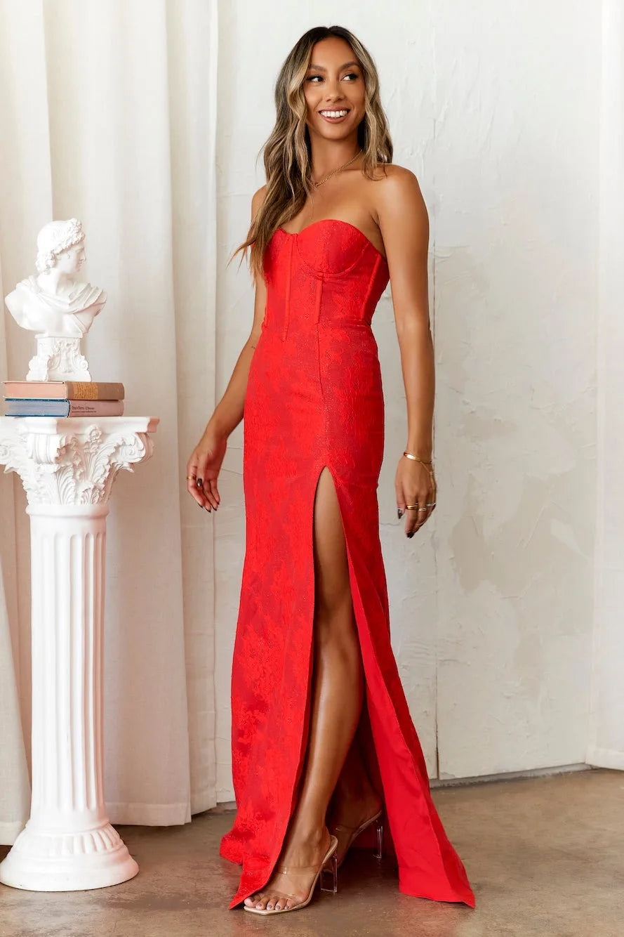 Women's Strapless Corset Prom Gown - Seductive Sweetheart Slit - AlluraGown