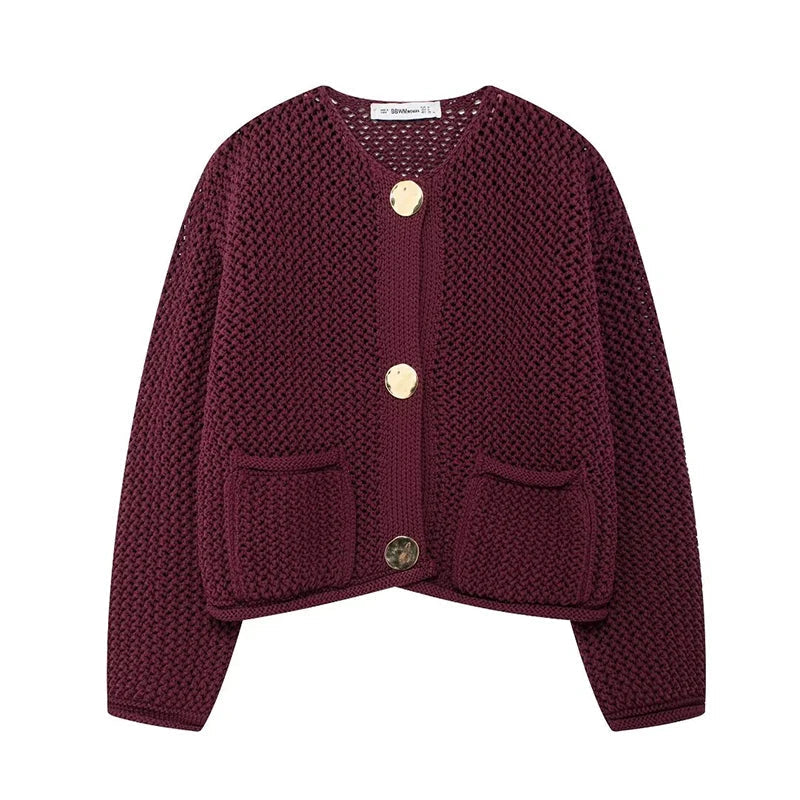 Women's Mesh Knit Cardigan with Pockets - GoldenEase Red