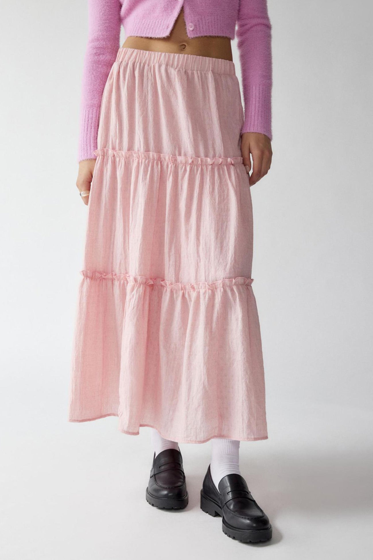 Women's Flowy Maxi Skirt - Lightweight Tiered Cotton-Linen - Summer Breeze Pink