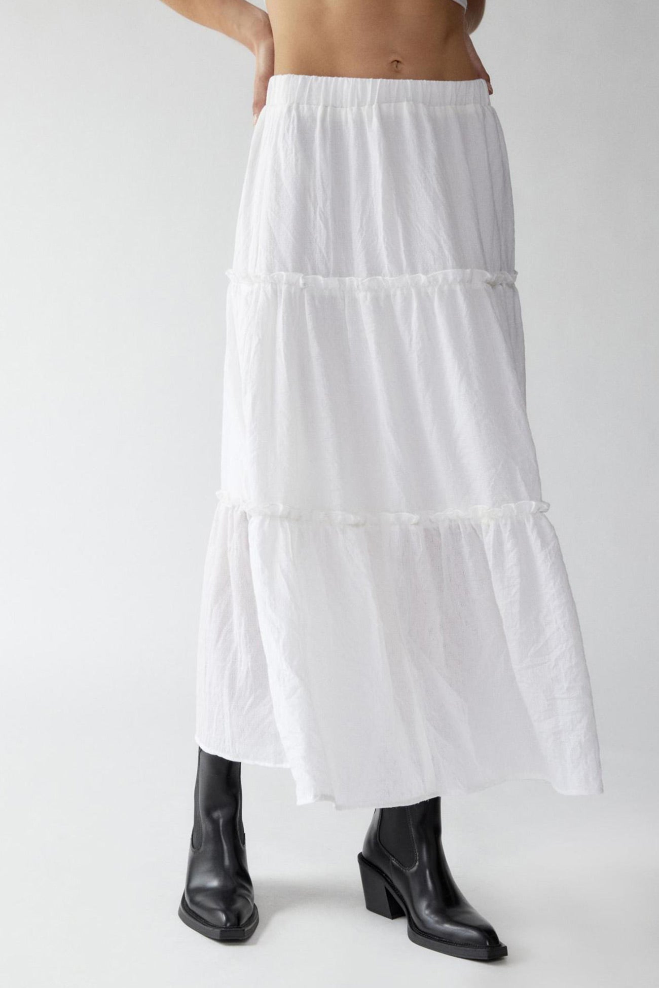 Women's Flowy Maxi Skirt - Lightweight Tiered Cotton-Linen - Summer Breeze White