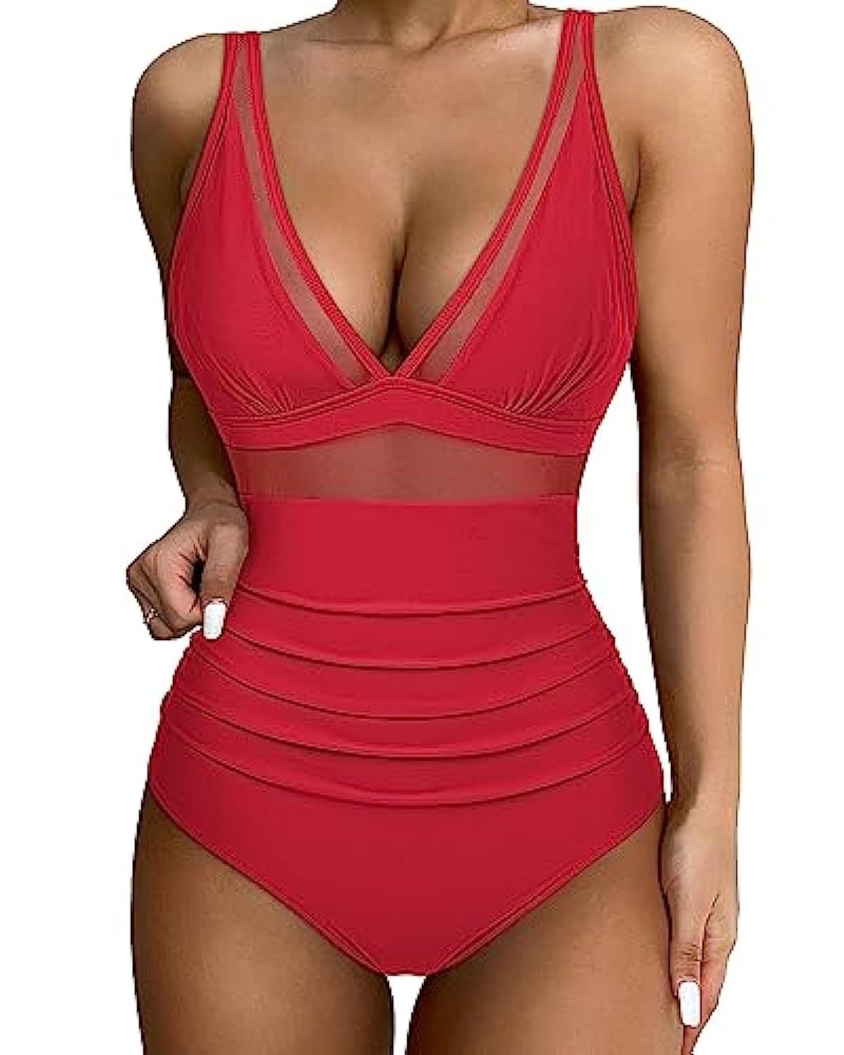Women's Mesh Panel One-Piece Swimsuit - Flattering High-Cut - SeaSculpt Red