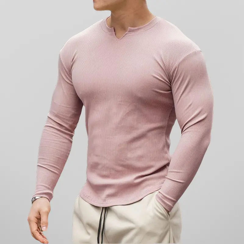 Men’s Henley Shirt - Ribbed Knit - Slim Fit - Long Sleeve Casual Wear Pink