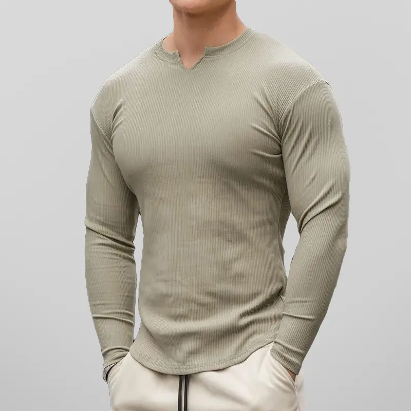 Men’s Henley Shirt - Ribbed Knit - Slim Fit - Long Sleeve Casual Wear Green