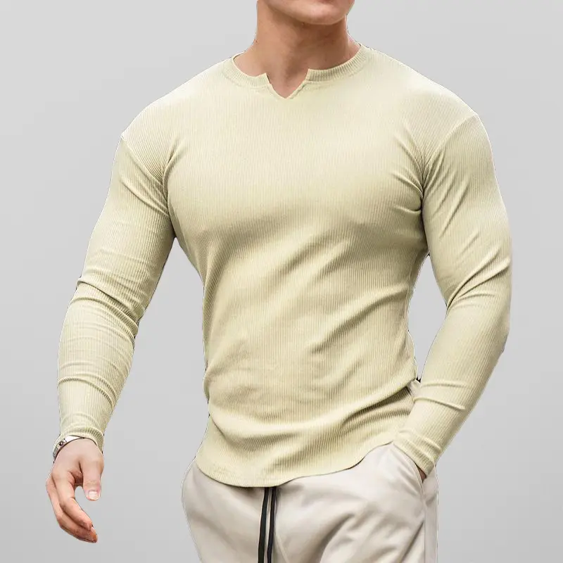 Men’s Henley Shirt - Ribbed Knit - Slim Fit - Long Sleeve Casual Wear Yellow