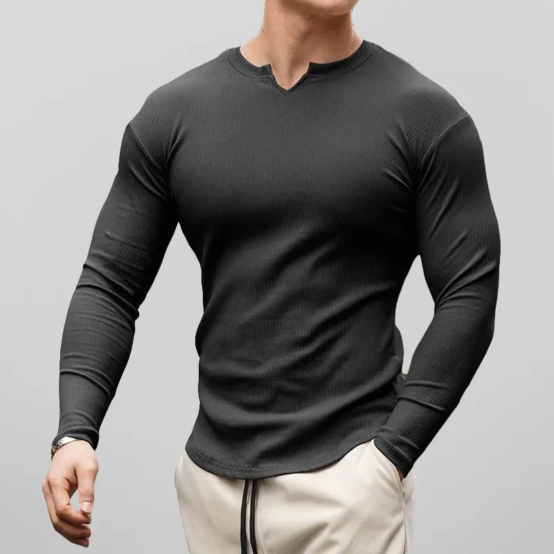 Men’s Henley Shirt - Ribbed Knit - Slim Fit - Long Sleeve Casual Wear Black