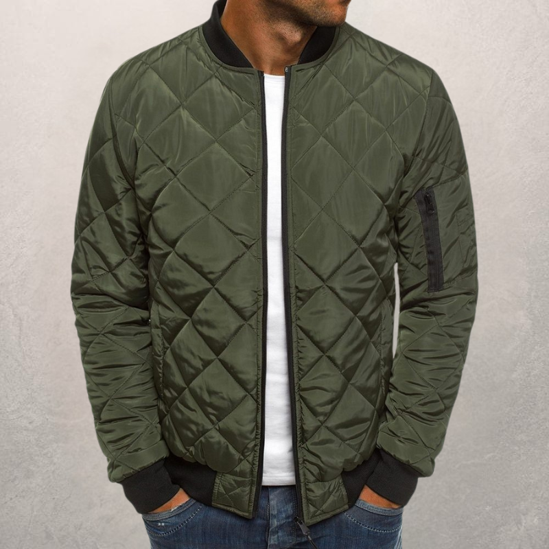 Men’s Bomber Jacket – Quilted Diamond Pattern – Wind Resistant – Ribbed Trim – Utility Pocket Green