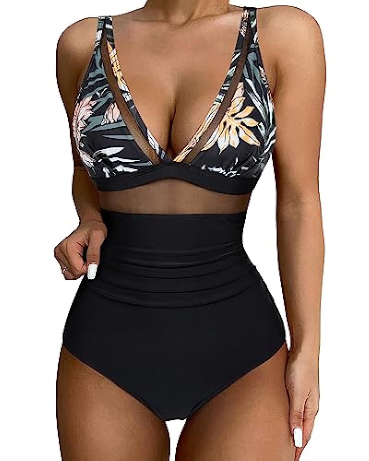 Women's Mesh Panel One-Piece Swimsuit - Flattering High-Cut - SeaSculpt Black flowered