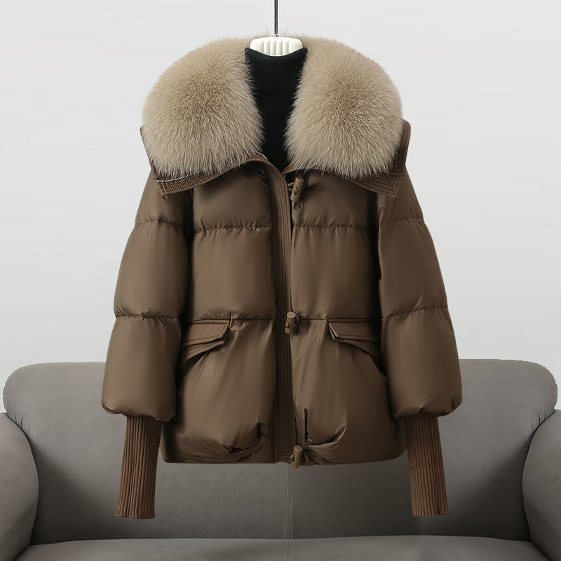 Women's Oversized Puffer Jacket Faux Fur Collar - UrbanGlam Brown