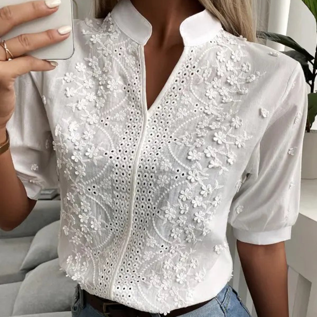 Embroidered Cotton Women's Blouse - Breathable Mandarin Collar - FloralBloom