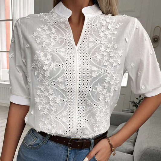 Embroidered Cotton Women's Blouse - Breathable Mandarin Collar - FloralBloom White