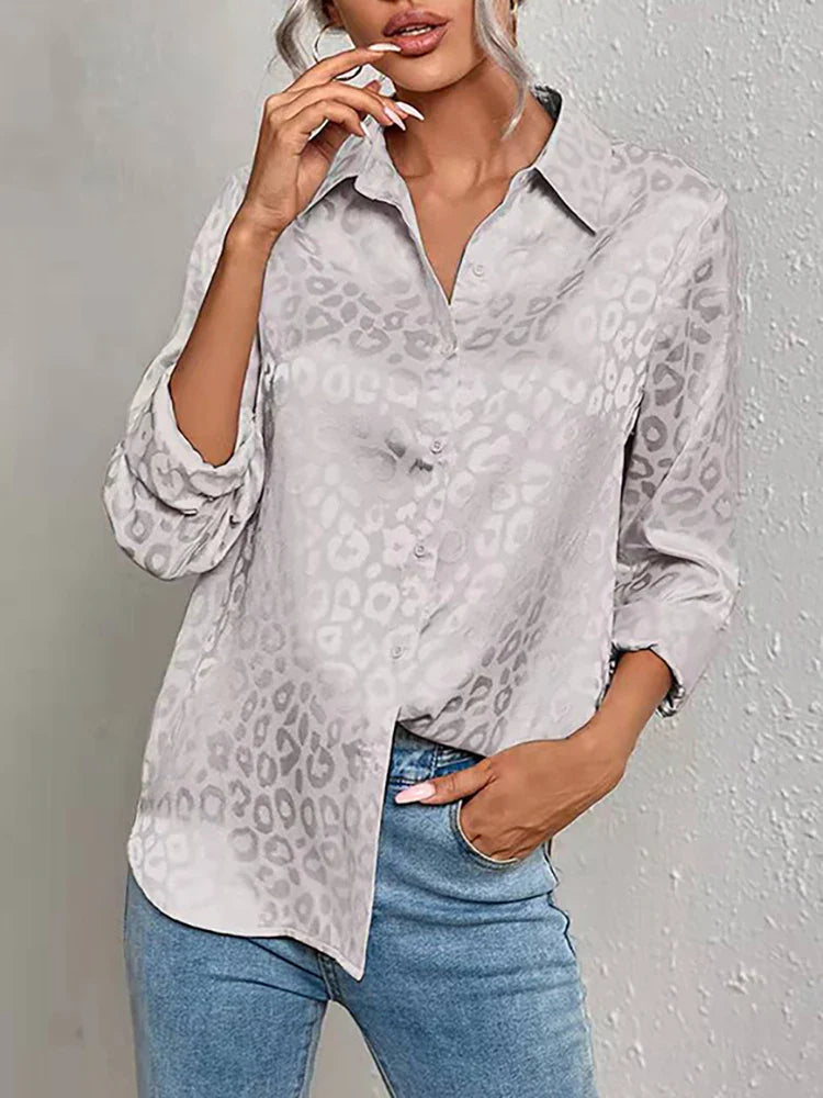 Women's Leopard Jacquard Shirt - Confident Style, EllaBlouse Siberian gray