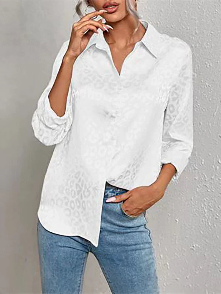 Women's Leopard Jacquard Shirt - Confident Style, EllaBlouse White