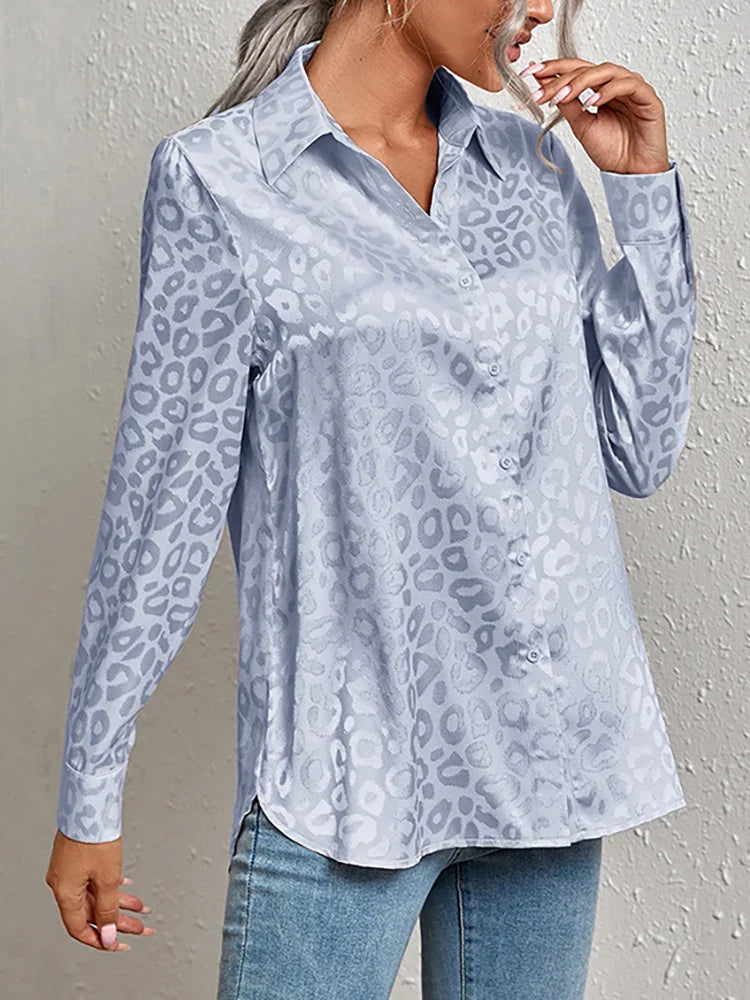 Women's Leopard Jacquard Shirt - Confident Style, EllaBlouse Blue