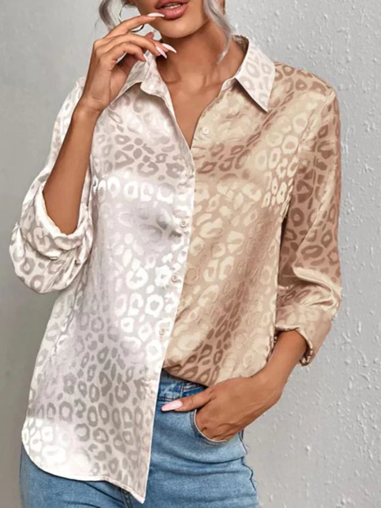 Women's Leopard Jacquard Shirt - Confident Style, EllaBlouse Apricot brown