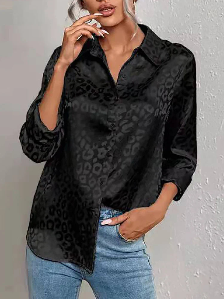 Women's Leopard Jacquard Shirt - Confident Style, EllaBlouse Black