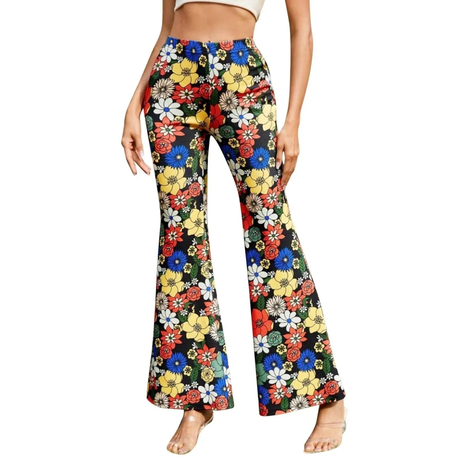 Women's High Waist Flared Pants - Floral Print Stretchy Trousers - RetroFlare Black