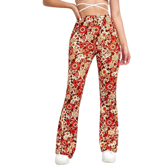 Women's High Waist Flared Pants - Floral Print Stretchy Trousers - RetroFlare Orange