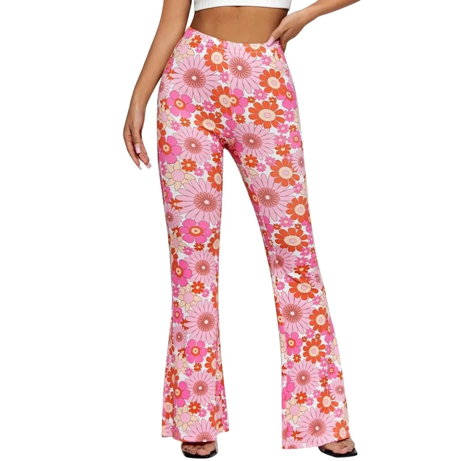 Women's High Waist Flared Pants - Floral Print Stretchy Trousers - RetroFlare Pink