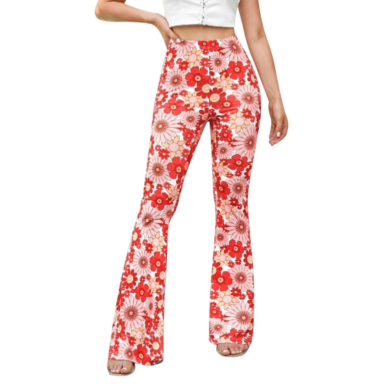 Women's High Waist Flared Pants - Floral Print Stretchy Trousers - RetroFlare Red