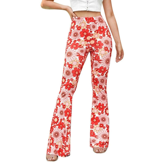 Women's High Waist Flared Pants - Floral Print Stretchy Trousers - RetroFlare Red