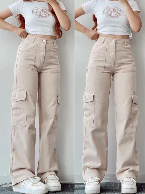 Women's Cotton High-Waist Cargo Pants - RetroCharm Beige