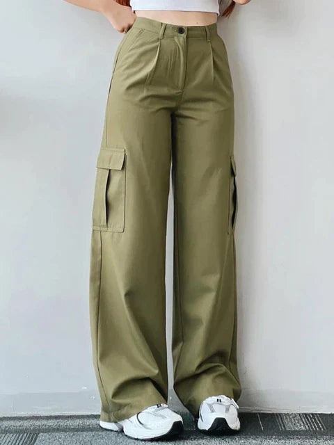 Women's Cotton High-Waist Cargo Pants - RetroCharm Light green