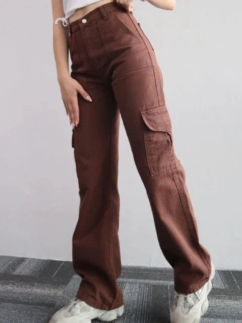 Women's Cotton High-Waist Cargo Pants - RetroCharm Coffee