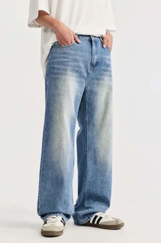 Men’s Wide-Leg Jeans – Relaxed Fit – Cotton Denim – Vintage Distressed Full Length Blue