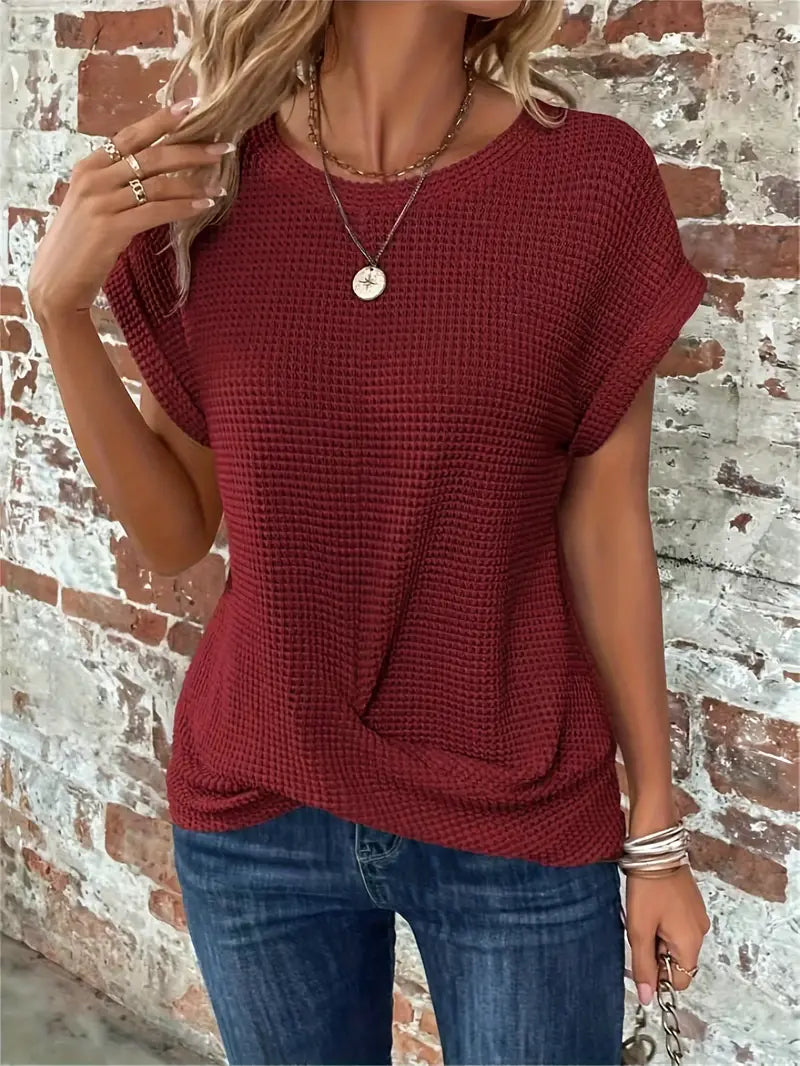 Women's Breathable Waffle Knit Top - Effortless Style, WaffleWeave Dark Red