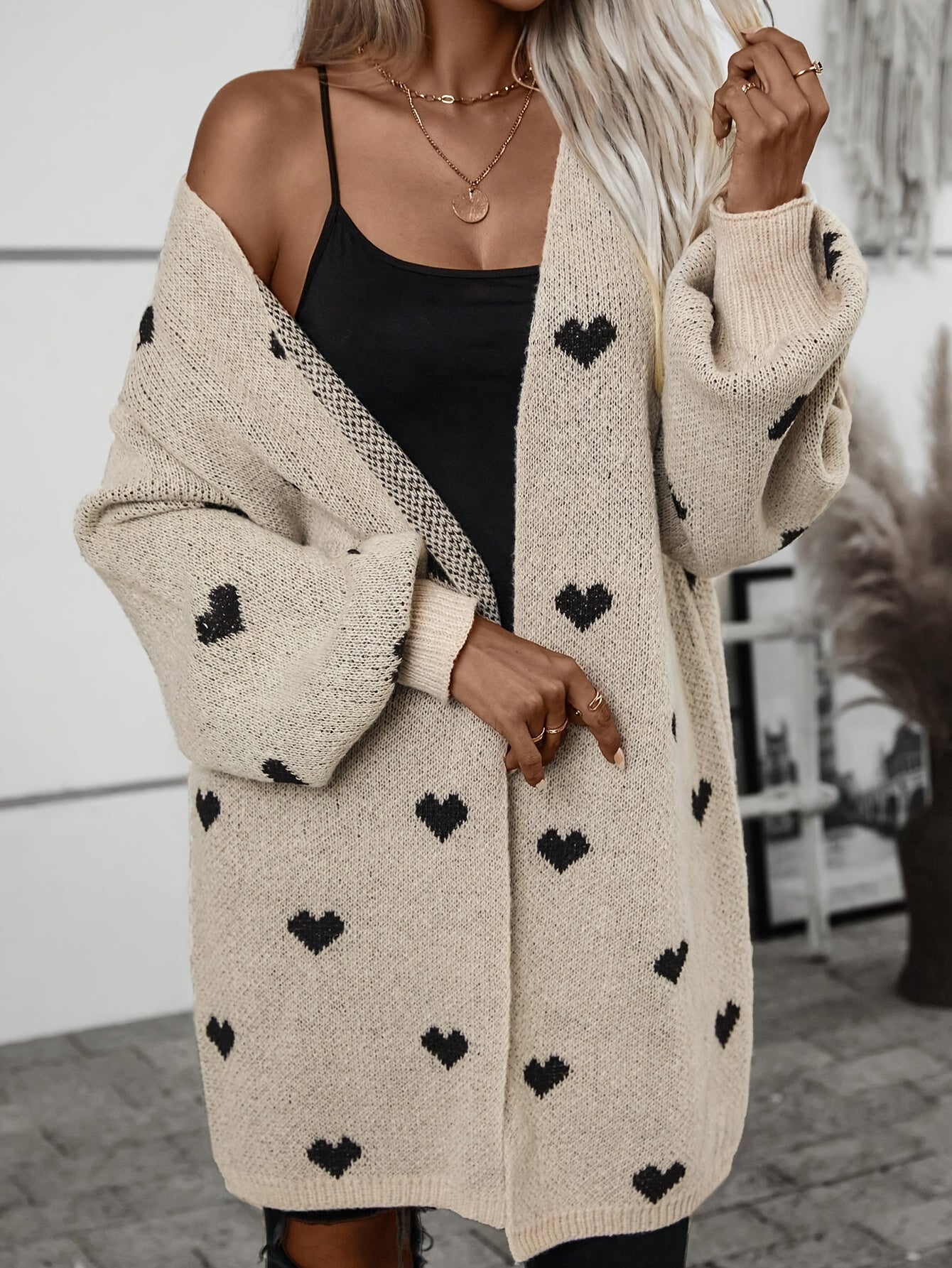 Women's Knitted Cardigan Soft Heart Pattern - Heartfelt Khaki