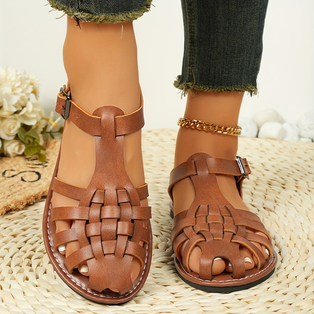 Women's Ankle Strap Sandals - Cushioned Summer Flats - SunStride