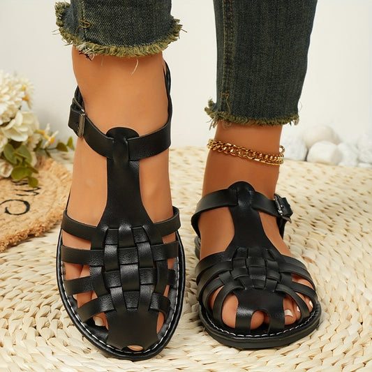 Women's Ankle Strap Sandals - Cushioned Summer Flats - SunStride Black