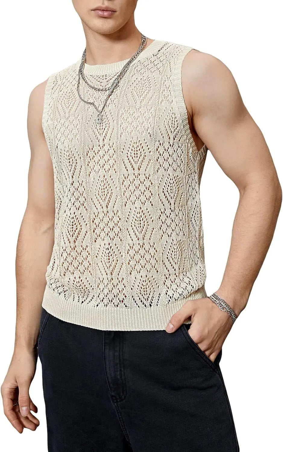 Men’s Crochet Tank Top - Sleeveless Geometric Knit - Lightweight & Breathable Apricot