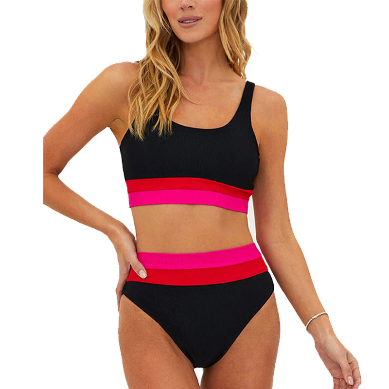 Women’s Bikini Set – Sporty Tank Top – High Waisted – Ribbed Stretch Fit – Moderate Coverage Black