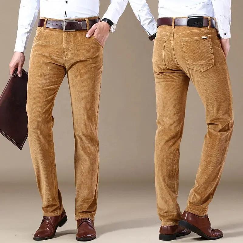 Men’s Corduroy Trousers – Tailored Fit – Straight Leg – Full Length – Button Waist Khaki