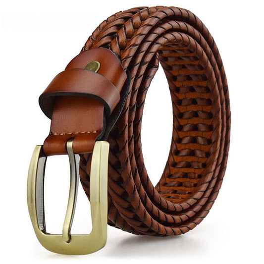 Men’s Leather Belt – Braided Design – Adjustable Fit – Classic Buckle Closure Brown One Size