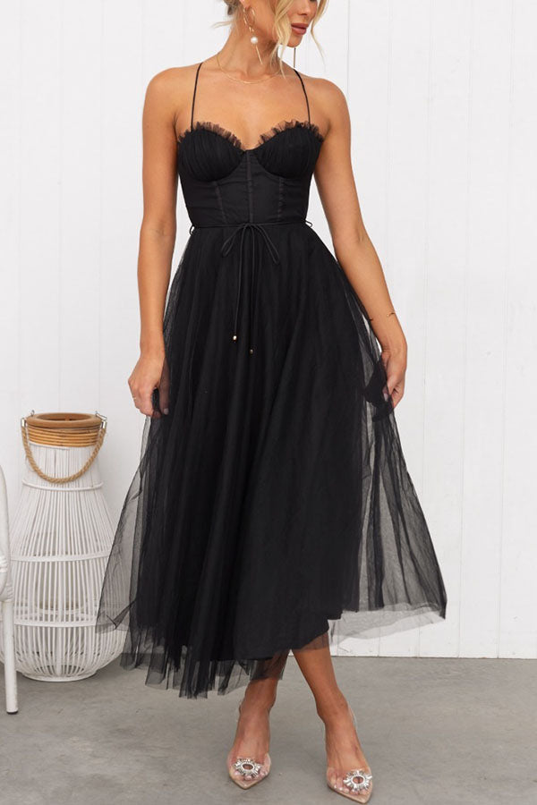 Women's Chiffon Maxi Dress - Elegant Flowy Tulle Overlay - GalaGown Black