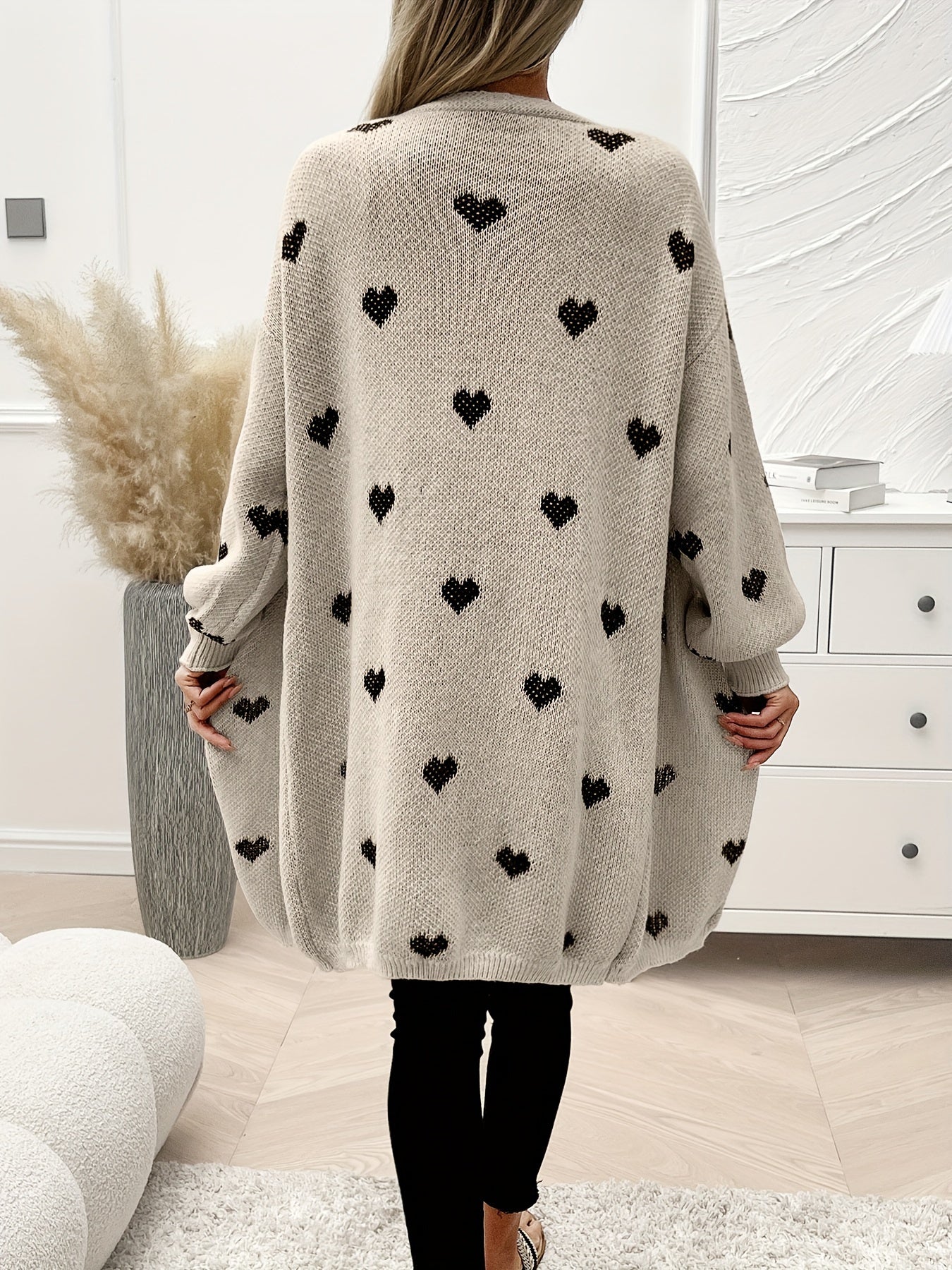 Women's Knitted Cardigan Soft Heart Pattern - Heartfelt