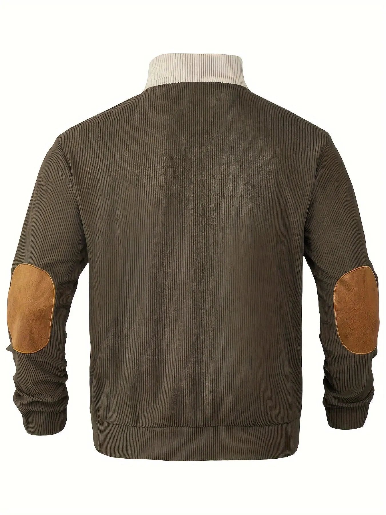 Men’s Ribbed Pullover Sweater - Quarter Button - Stand Collar - Long Sleeve - Elbow Patches