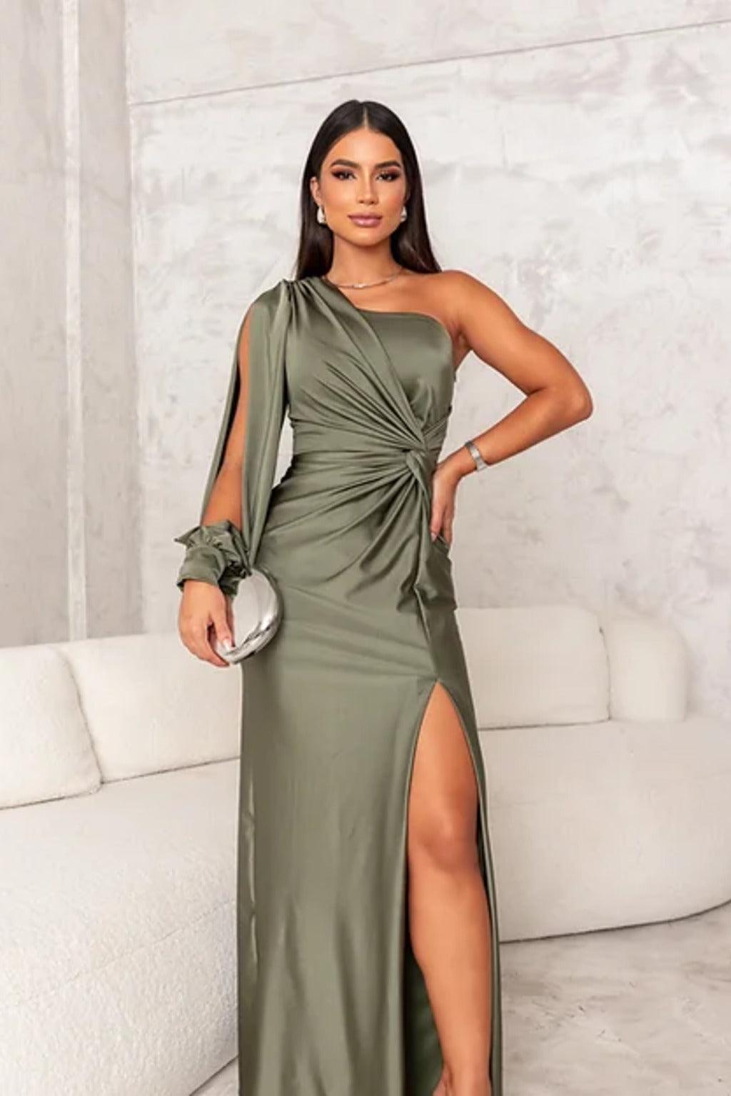 Elegant One-Shoulder Maxi Dress High Slit - EveningStar
